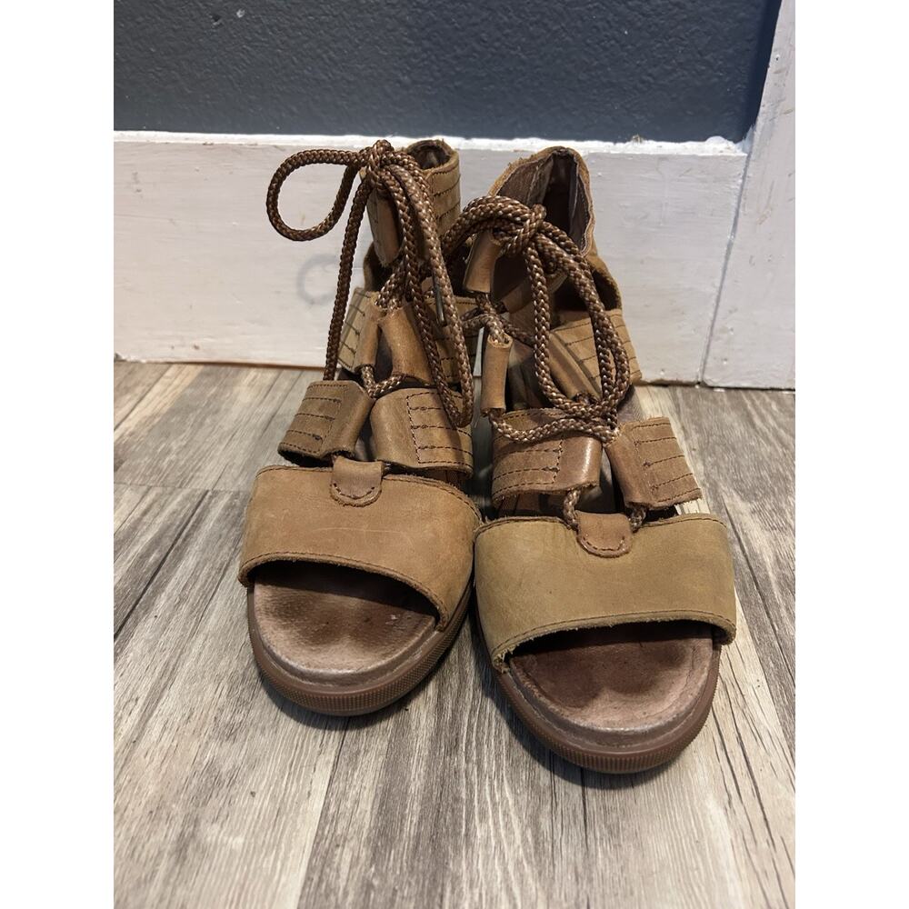 SOREL JOANIE II TAN Leather BROWN LACE WEDGE SANDALS Sz 7.5 - Picture 4 of 9